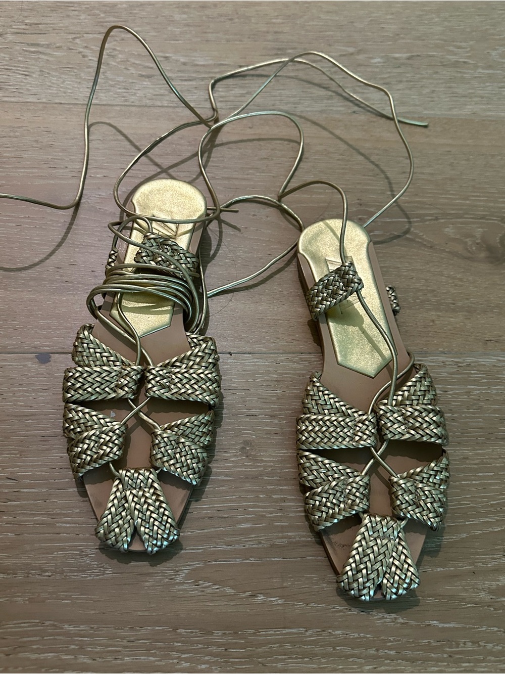 ZARA Woven Lace-Up Flat Sandals - Gold